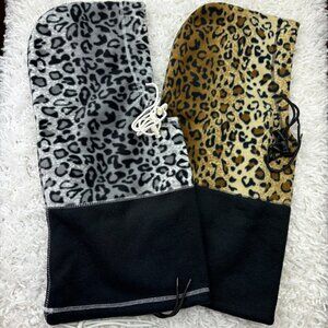 Hot Headz 6-IN-1 Fleece Hood Black Hat Animal Print One Size Fits All Drawstring